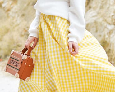 Yellow and white checkered maxi skirt outfit