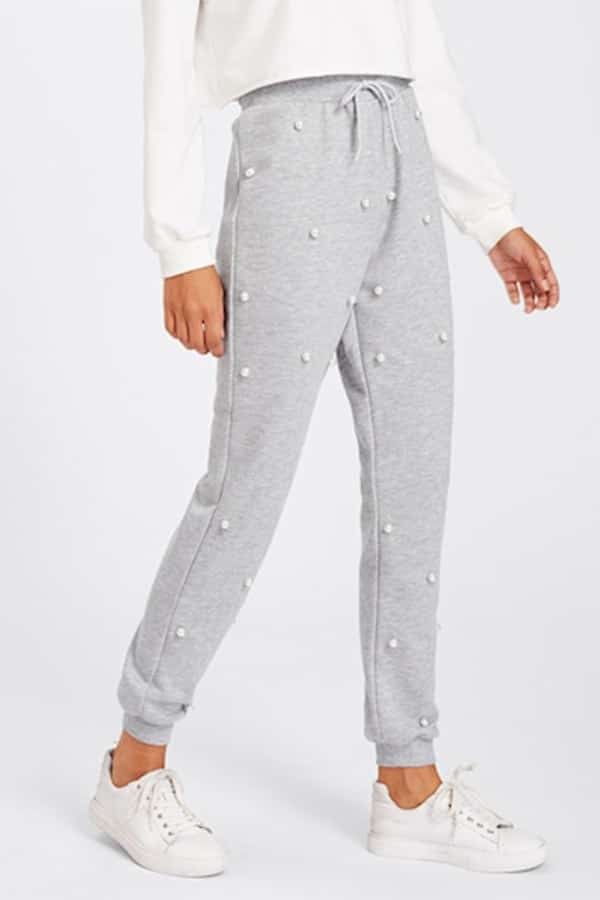 Women's fitness wear: gray sweatpants with pearl embellishments