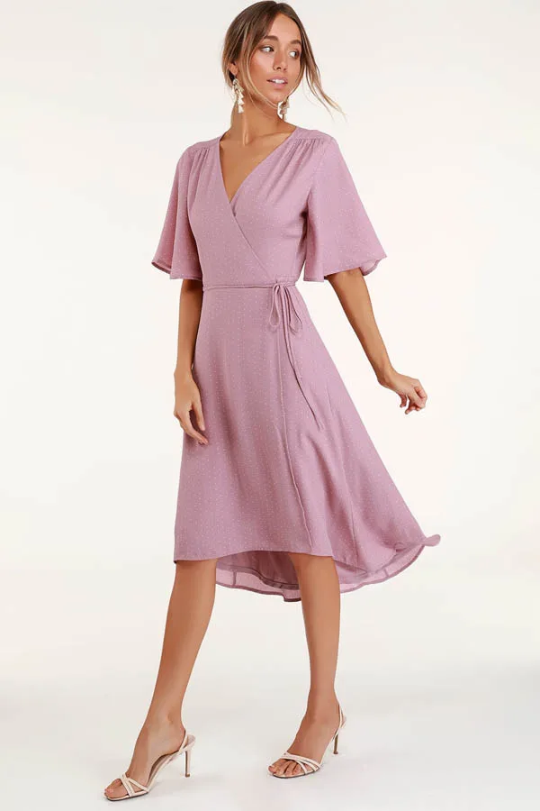 Pink wrap dress from Lulu's as a clothing style for losing weight.