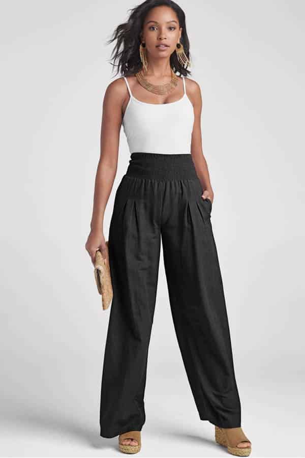 Smocked waist wide leg pants.