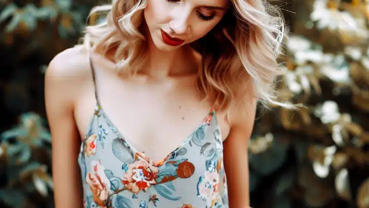 Woman wearing floral sundress with spaghetti straps.