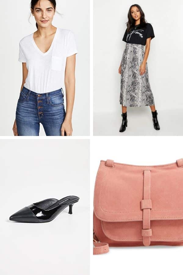 Outfit collage: midi skirt, white t shirt, patent mules and saddle bag