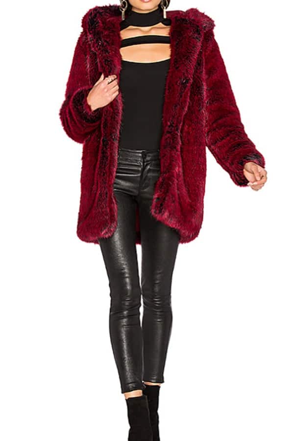 Red faux fur coat