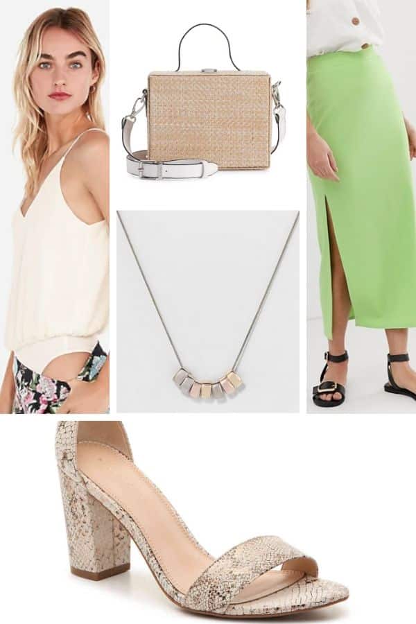Outfit collage: midi skirt, bodysuit and heeled sandals for petites