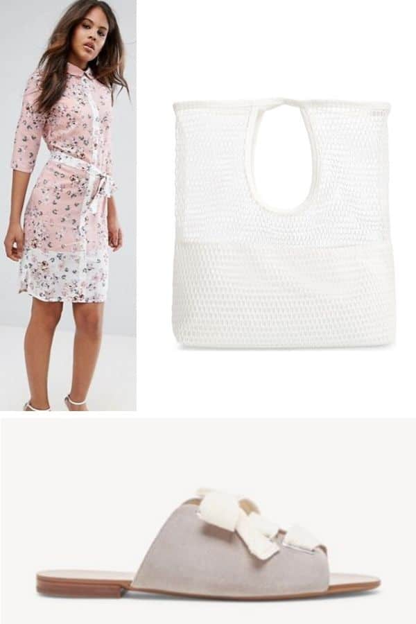 Outfit collage: floral dress, sandals and bag