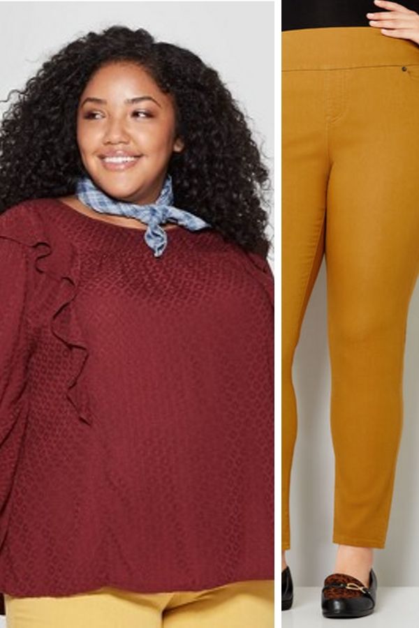 Burgundy top paired with mustard pants 