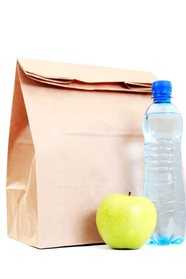 Paper sack with an apple and a bottle of water.