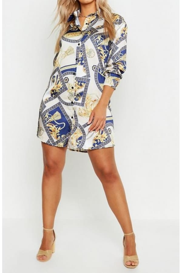 Plus Chain Printed Satin Shirt Dress