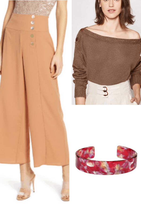Outfit collage with wide-legged pants and off-shoulder sweater