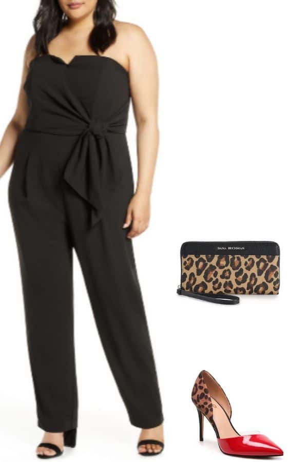Outfit collage of plus-size jumpsuit with leopard print heels
