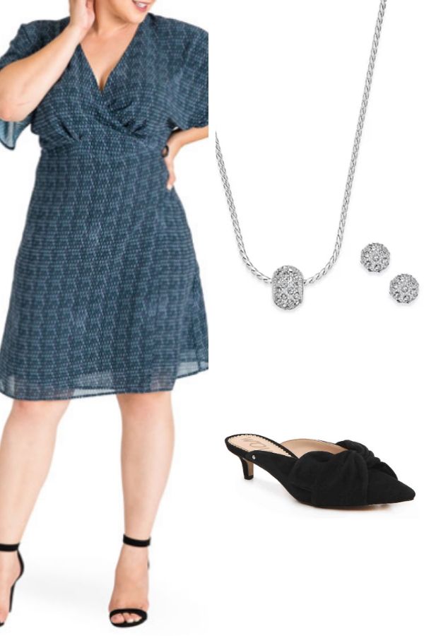 Outfit collage with flowy dress and mules