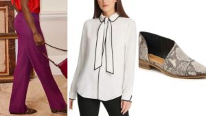 Outfit collage: petite trousers, blouse and booties