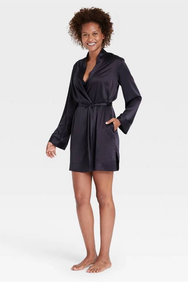 Target Pajamas -- 5 Gorgeous Picks from New Sleepwear Line 5 Woman wears black satin robe from Target.
