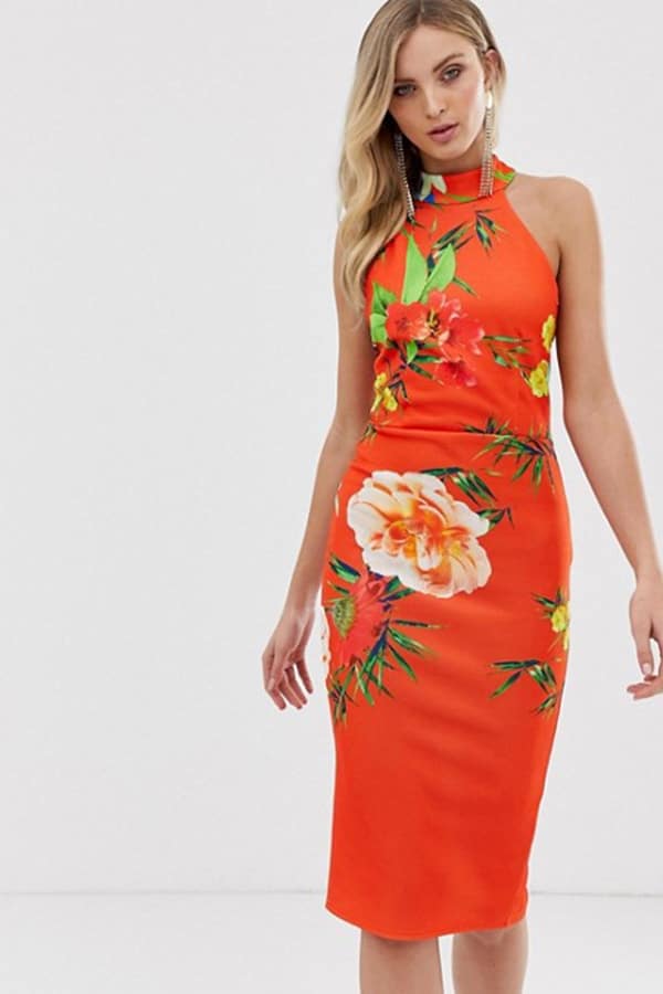 Orange floral print bodycon dress