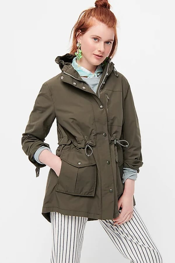 Dark green rain coat from J. Crew