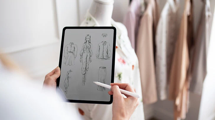 Fashion designer draws on tablet.