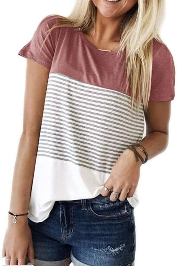 T-shirt from Amazon with color block at the shoulder and stripes across the center.