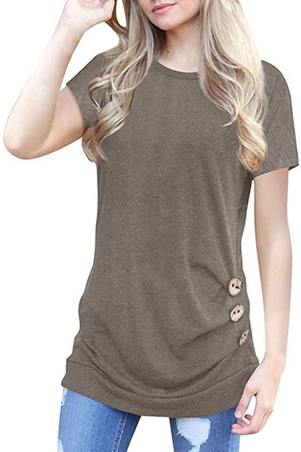 Tunic top in taupe with buttons and side ruching.