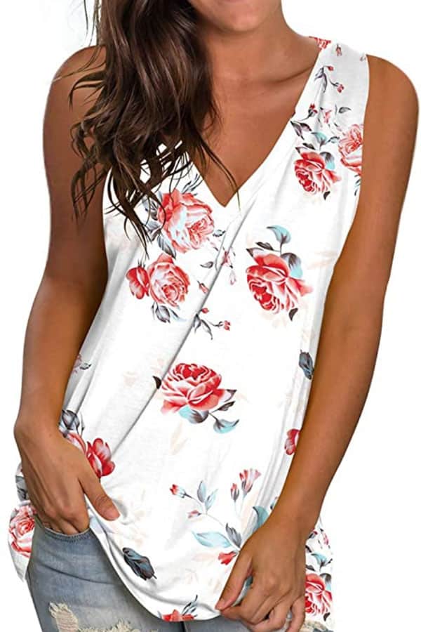 White top with red floral pattern and v-neck, sold by Amazon.