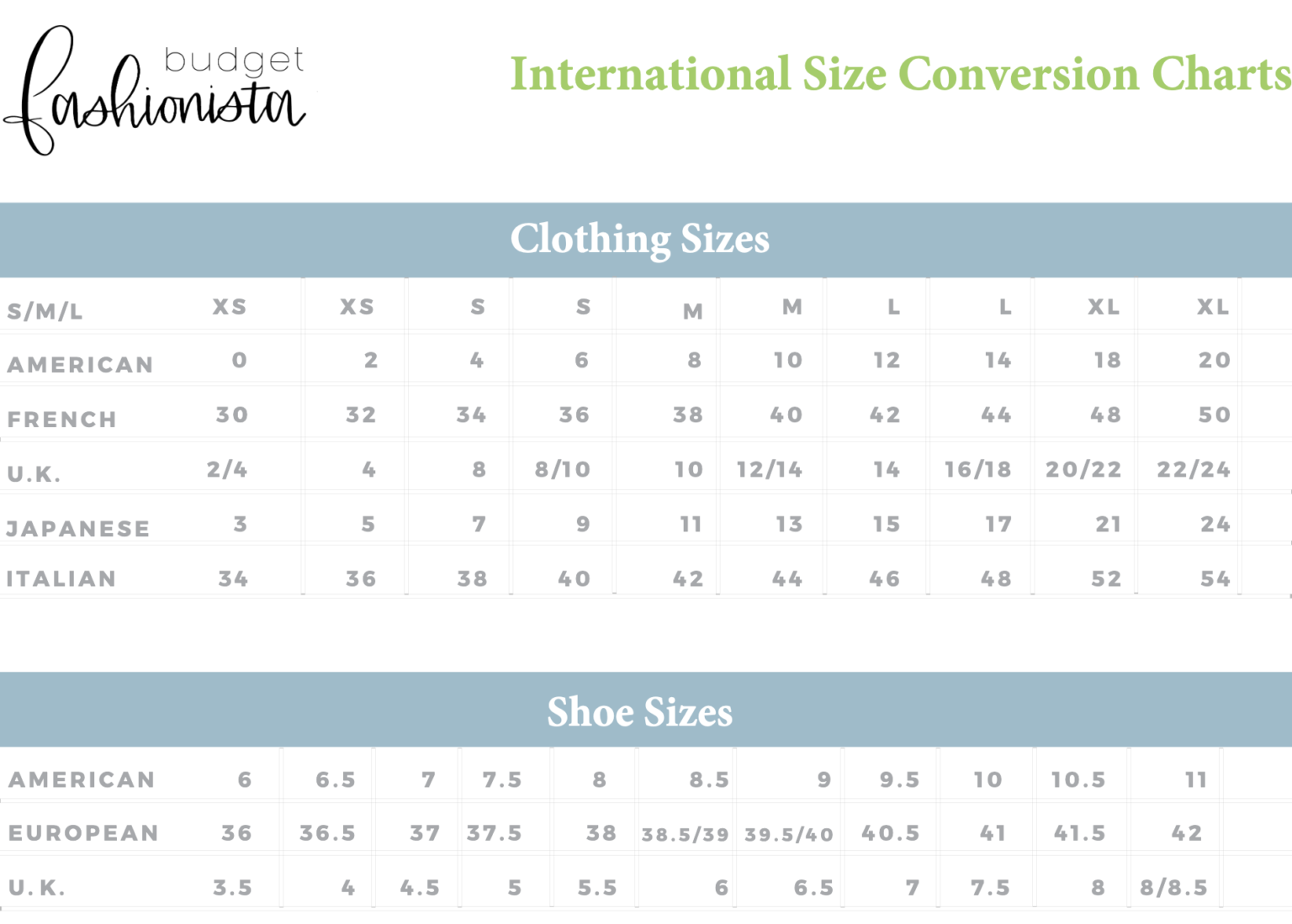 To Female Clothing Size Conversion Chart