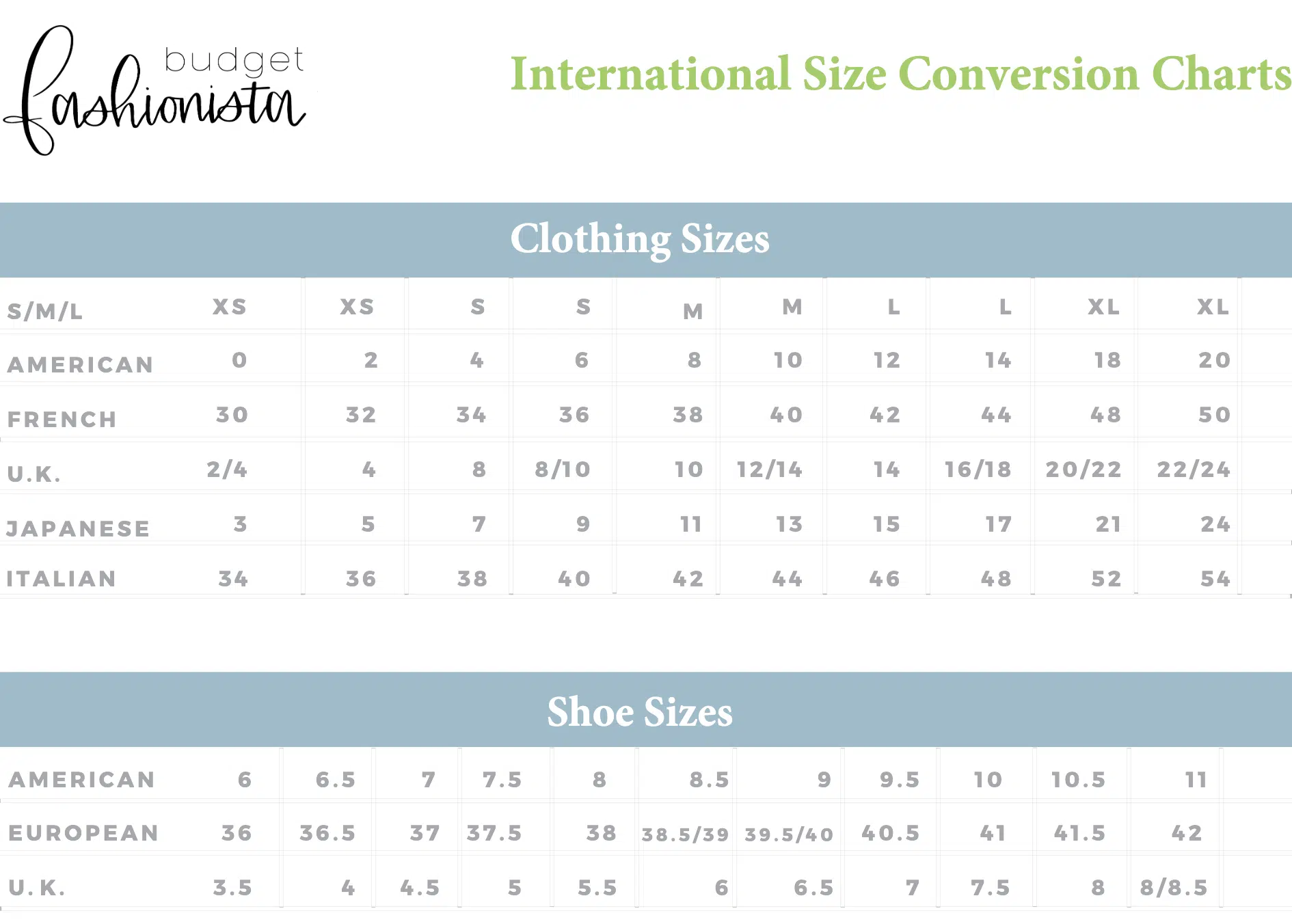 Mens International Size Conversion Chart