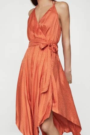 Orange satin wrap dress for summer.