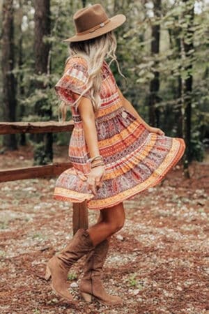 Patterned, cute Bohemian dress for summer.