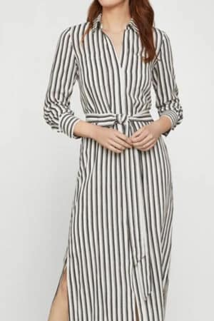 Striped menswear style dress with tie at waist.