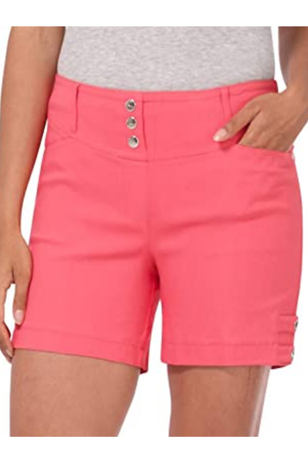 Close-up of peach-colored denim shorts.