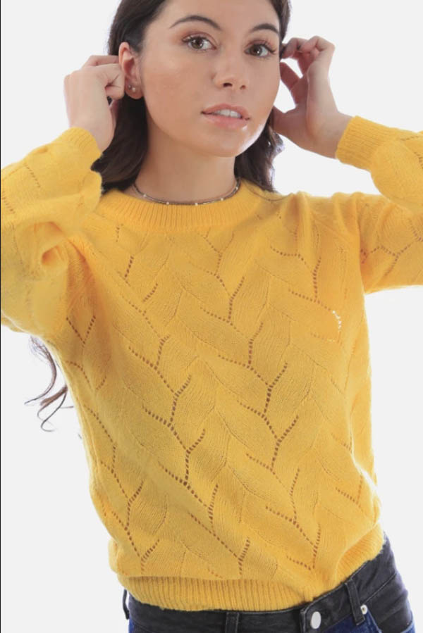 Golden yellow, round neck sweater.