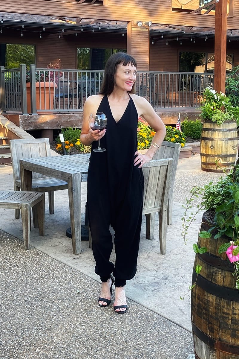 5 Ways to Style Harem Pants 5 Blogger wearing Buddha Pants jumpsuit.