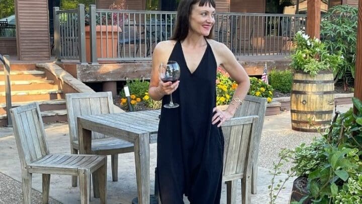 Catherine Brock blogger wearing harem pants jumpsuit.