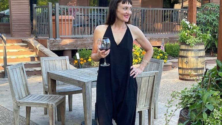 Catherine Brock blogger wearing harem pants jumpsuit.