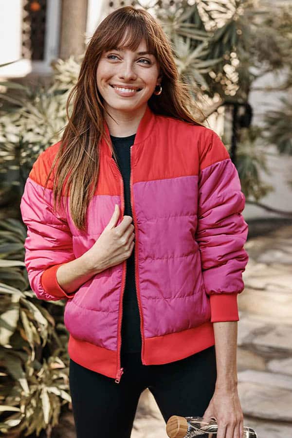 Hot pink and red bomber jacket.