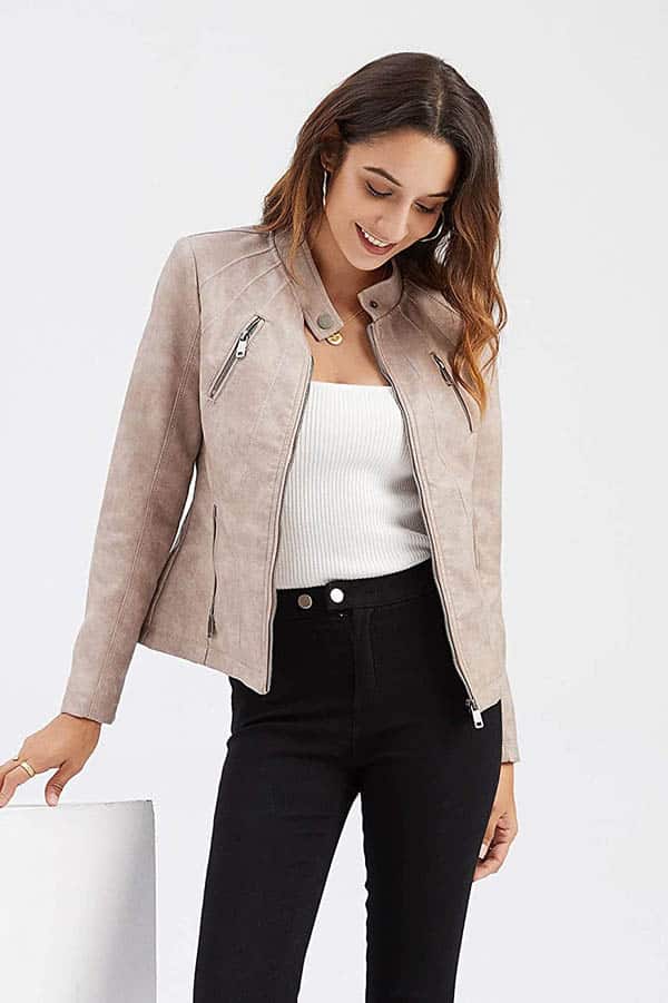 Soft pink moto jacket.