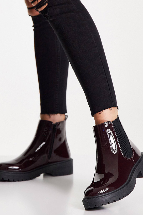 Red patent leather boots.