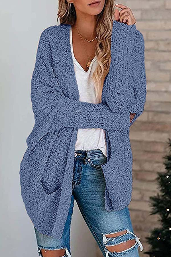 Amazon's soft blue popcorn cardigan.