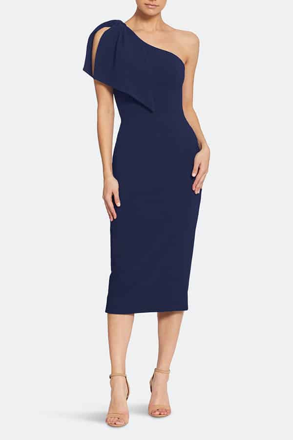 How to Dress for a Cocktail Party 3 Navy midi dress for a cocktail party.
