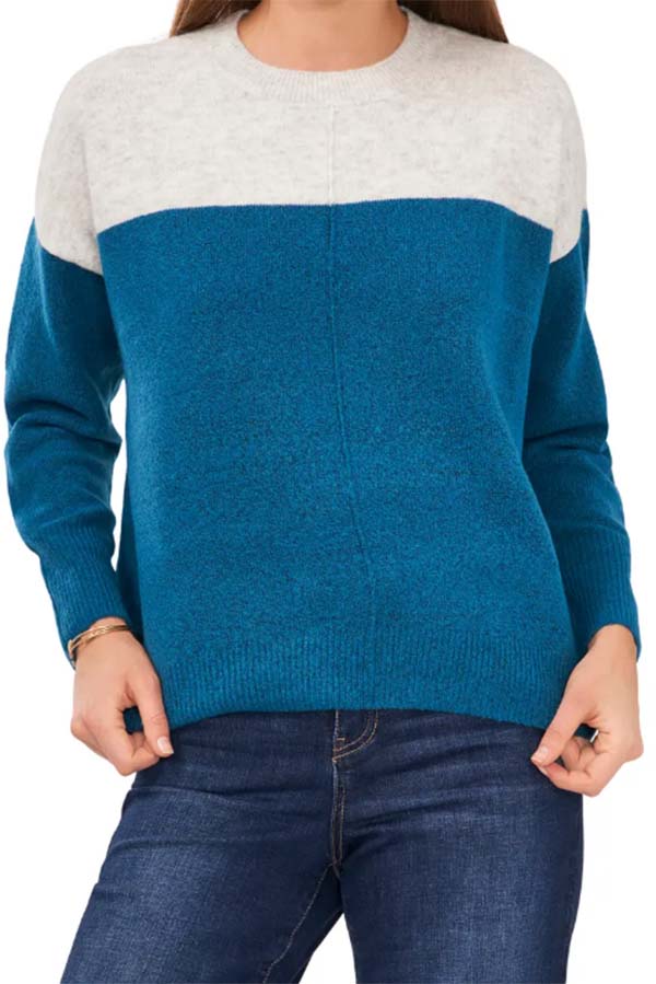 Blue and beige colorblock sweater.