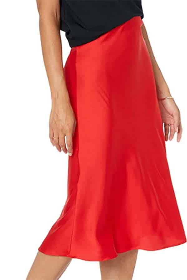 Red silky midi skirt.