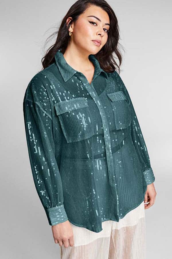 January Sales Shopping: Try These Inspiring Picks 4 Green shimmery button-down blouse on sale at Nordstrom.