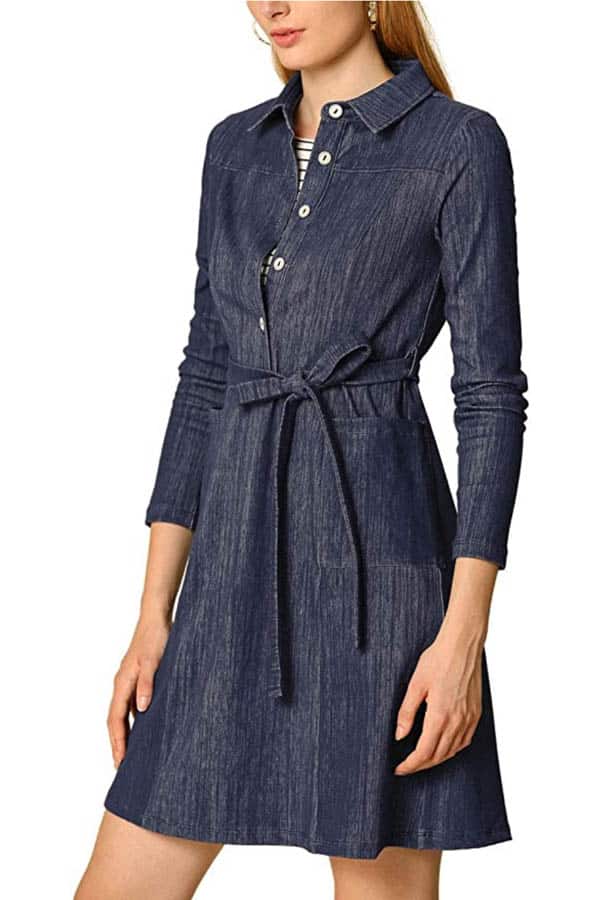 Close-up of model wearing chambray long-sleeve dress with belt at waist.