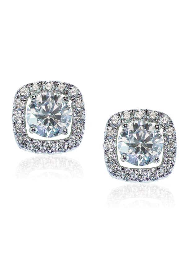 Close-up of cubic zirconia stud earrings.