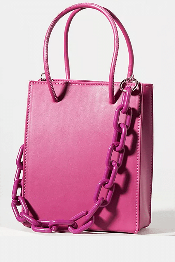 Hot pick handbag with resin chain detail.