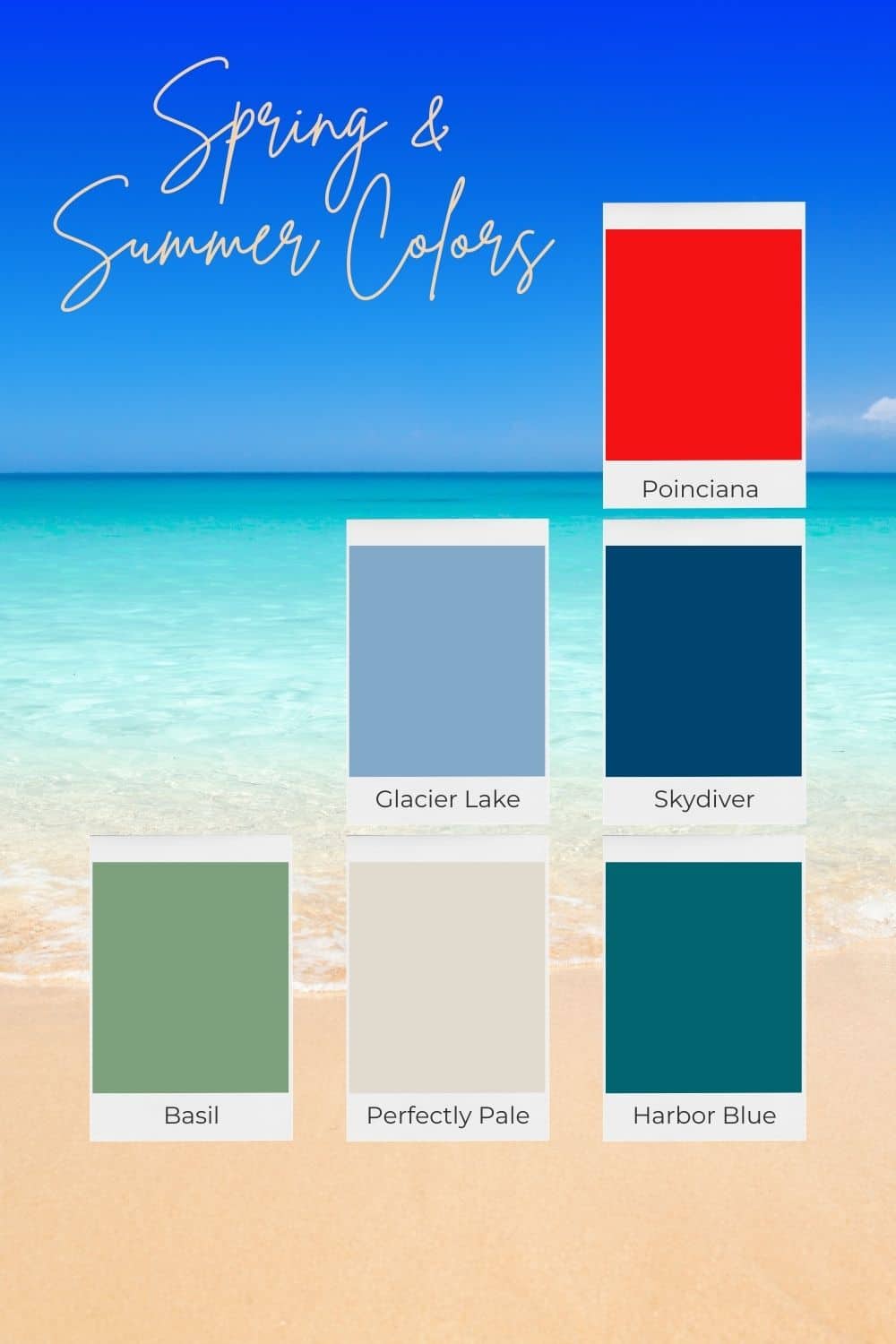 Six color swatches on top of a beach background.