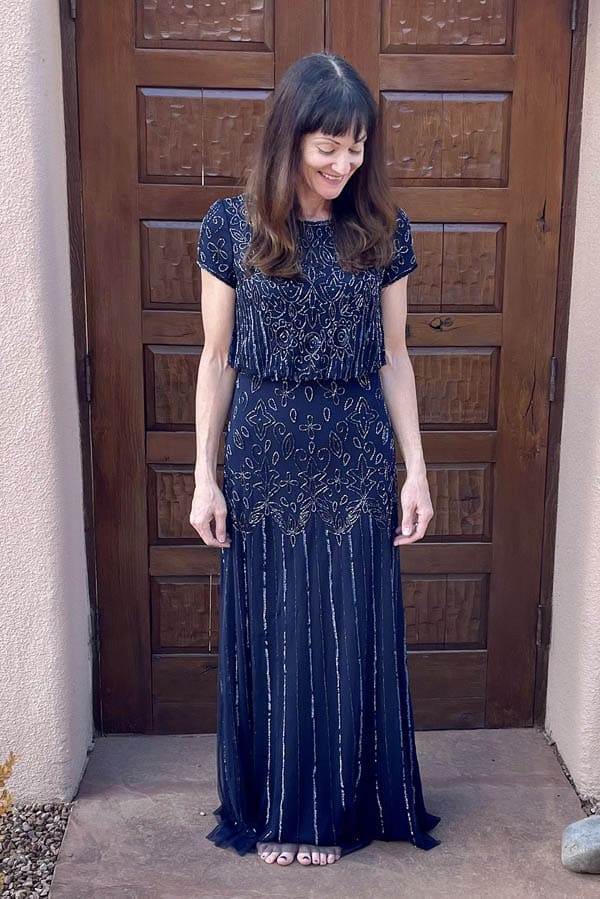 Catherine Brock wearing formal navy gown from Amazon.