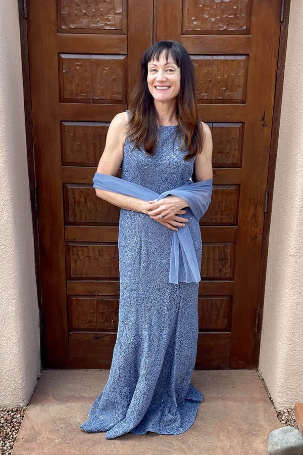 Blogger Catherine Brock wearing formal blue dress from Amazon.