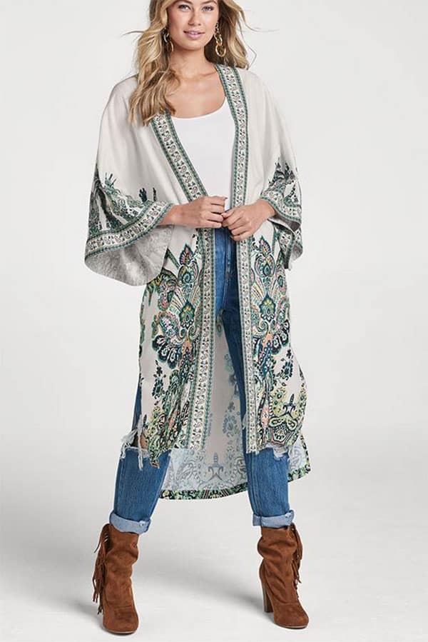 Model wearing kimono jacket that could double as a swim cover-up.