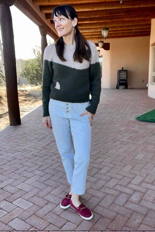 Catherine Brock wearing jeans and sweater from Modern Mom Style Box.