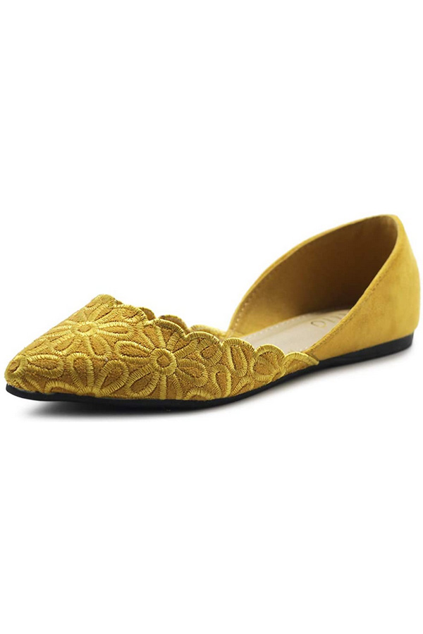 Yellow embroidered flat on white background.